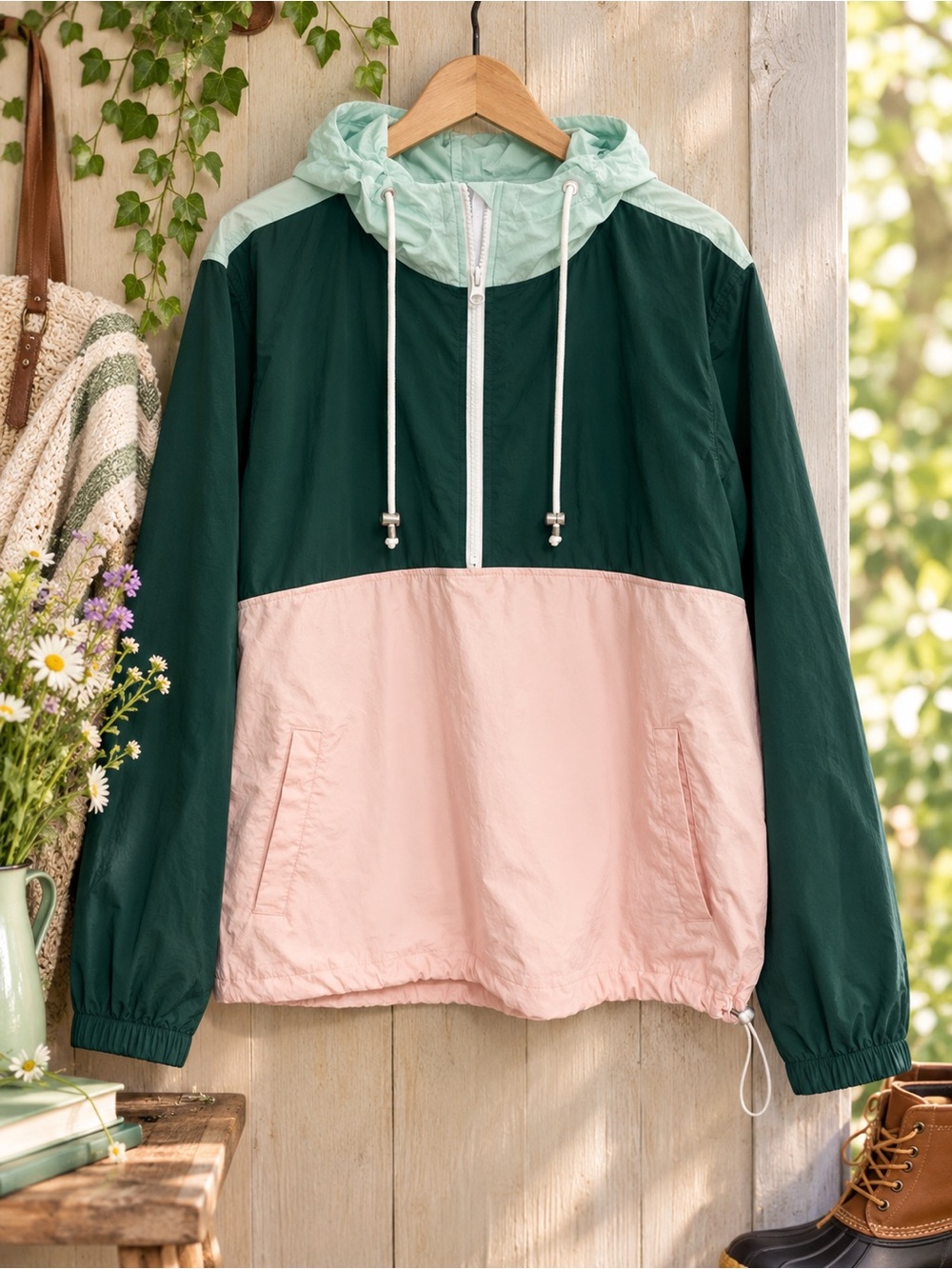 Old Navy Colorblock Hooded Rain Jacket Anorak Peach Pink Green Mint XL